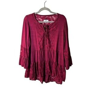Women's Burgundy XL Lace Tiered Ruffle Sleeve Whimsigoth Romantic Tunic Top